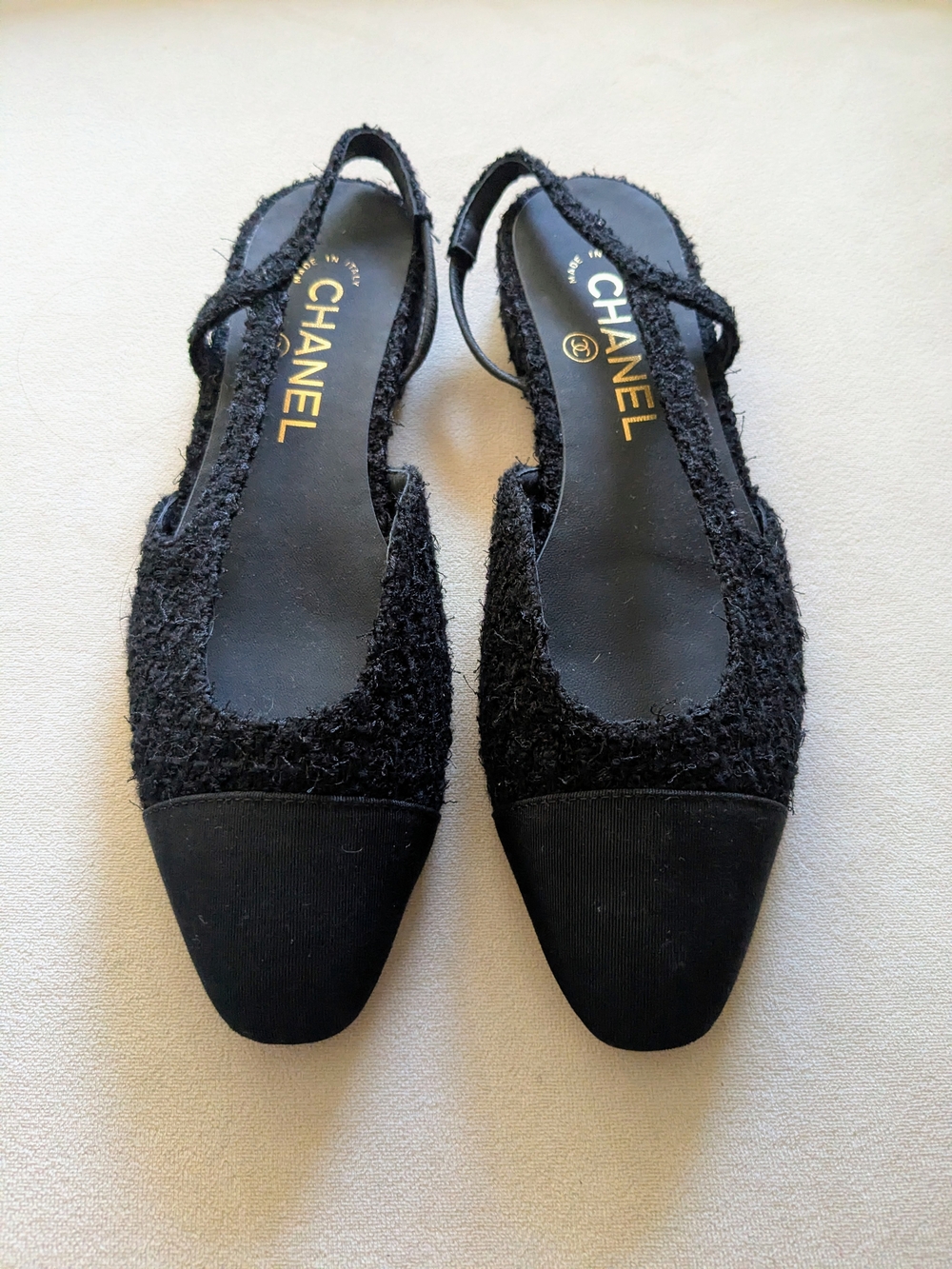 NEW Chanel Black Tweed Slingback Flats